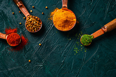 Spices in copper measuring spoons on a malachite textured background. Bright turmeric, paprika, parsley and coriander. View from above. Close-up. High quality photoの写真素材