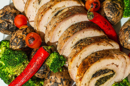 Baked pork roll with vegetables, cherry tomatoes, potatoes, broccoli and peppers close-up. High quality photoの写真素材