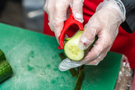 Female hands in gloves peeling a cucumber with a vegetable peeler. High quality photoの写真素材