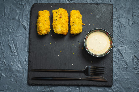 Pieces of fish baked tempura on a black board on a gray background with sauce and cutlery. Copy...