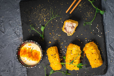 Fish rolls or chopsticks fried tempura on a black mica board with sauce and chopsticks with microgreens on a gray background. View from above. Space for text. High quality photoの写真素材