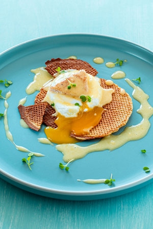 Poached Egg with Hollandaise Sauce with Waffles and Microgreens on a light blue plate and background. Space for text. High quality photoの写真素材