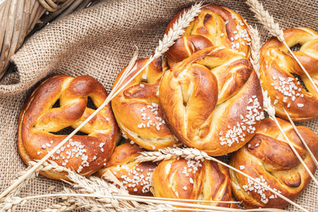 Pretzels with coarse salt. on canvas in a wicker basket with ears of wheat. High quality photoの写真素材