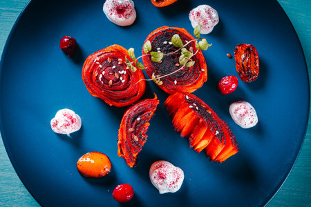 Carrot dessert, slices of carrots wrapped in a roll, fried and poured with honey with kumquat and cranberries on a blue plate. Healthy dessert. View from above. High quality photoの写真素材