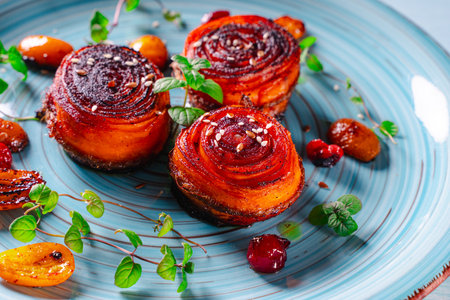 Carrot dessert, slices of carrots wrapped in a roll, fried and poured with honey with kumquat and cranberries on a blue plate. Healthy dessert. High quality photoの写真素材