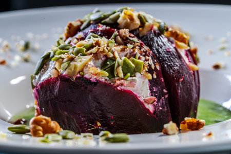 Beetroot with cottage cheese cream, nuts and pumpkin seeds on green spinach sauce is served on a...