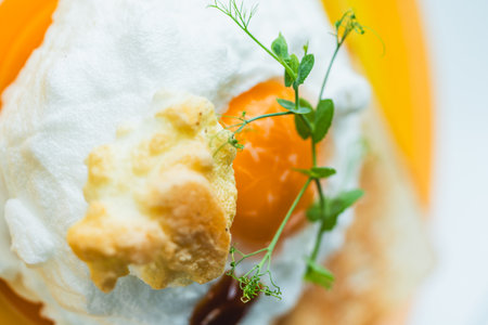 Orsini egg with microgreens and toast on a yellow plate. Healthy breakfast concept. High quality photoの写真素材
