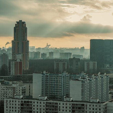 Moscow, Russia, 12, March 2025: A big city a panorama of multi-storey residential buildings. Shooting from above. Moscow, Zapadnoye Degunino. High quality photo.の写真素材