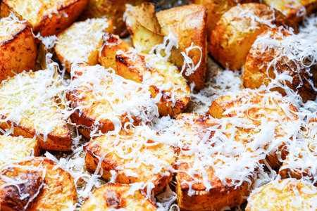 Pieces of potatoes are baked on a baking sheet, sprinkled with cheese. Background with rustic potato texture. View from above. High quality photoの写真素材