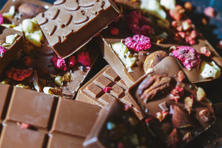 Handmade chocolate close-up. Assorted chocolate with almonds, freeze-dried raspberries and...