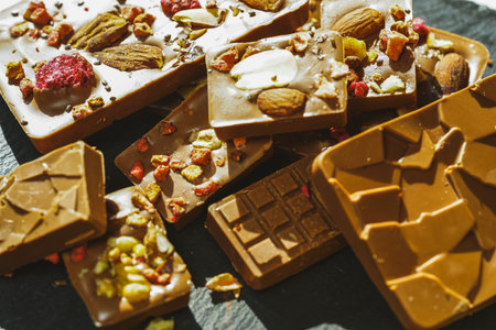 Handmade chocolate close-up. Assorted chocolate with almonds, freeze-dried raspberries and strawberries. . Background for using banners and menus. High quality photoの写真素材