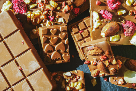 Handmade chocolate close-up. Assorted chocolate with almonds, freeze-dried raspberries and strawberries. . Background for using banners and menus. High quality photoの写真素材