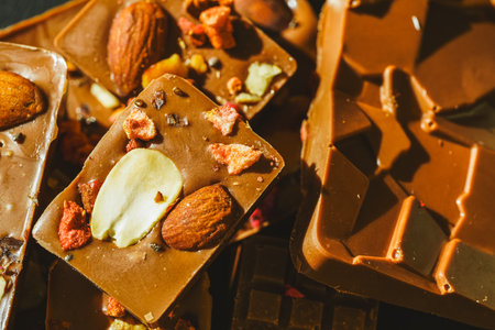 Handmade chocolate close-up. Assorted chocolate with almonds, freeze-dried raspberries and strawberries. . Background for using banners and menus. High quality photoの写真素材