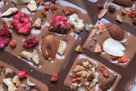 Handmade chocolate close-up. Assorted chocolate with almonds, freeze-dried raspberries and strawberries. . Background for using banners and menus. High quality photoの写真素材