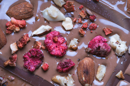 Handmade chocolate close-up. Assorted chocolate with almonds, freeze-dried raspberries and...