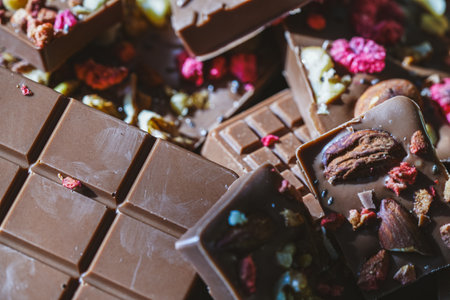Handmade chocolate close-up. Assorted chocolate with almonds, freeze-dried raspberries and...