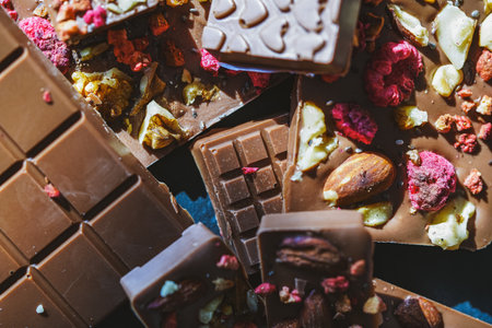 Handmade chocolate close-up. Assorted chocolate with almonds, freeze-dried raspberries and strawberries. . Background for using banners and menus. High quality photoの写真素材