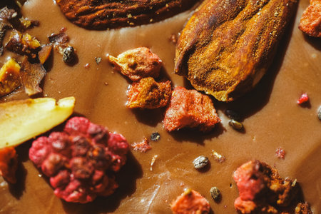 Handmade chocolate close-up. Assorted chocolate with almonds, freeze-dried raspberries and strawberries. Background for using banners and menus. High quality photoの写真素材