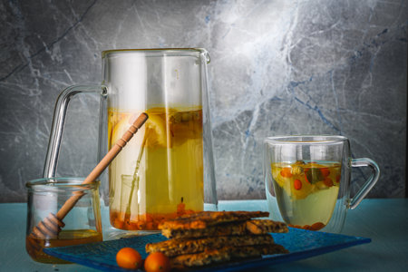 Flax and sesame seed crackers on a wooden board with sea buckthorn tea with honey, blueberries and kumquat on a blue background. Healthy, vegetarian breakfast. High quality photoの写真素材