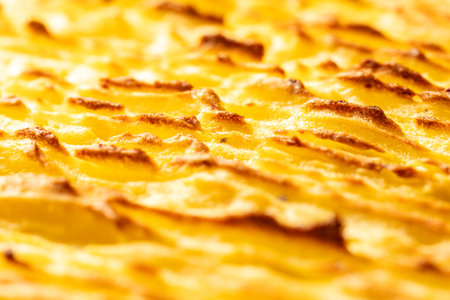 A background with the texture of mashed potatoes baked until golden brown in the oven. Close-up, macro photography. Use for menu and banner. High quality photoの写真素材
