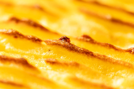 Background with the texture of baked, browned mashed potatoes close-up. Selected focus. Blurred background. High quality photoの写真素材
