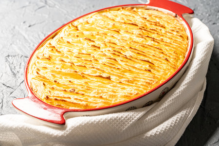 Potato casserole in a porcelain, red baking dish with a white towel on a gray background. Close-up. High quality photoの写真素材