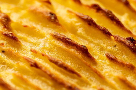 A background with the texture of mashed potatoes baked until golden brown in the oven. Close-up, macro photography. Use for menu and banner. High quality photoの写真素材