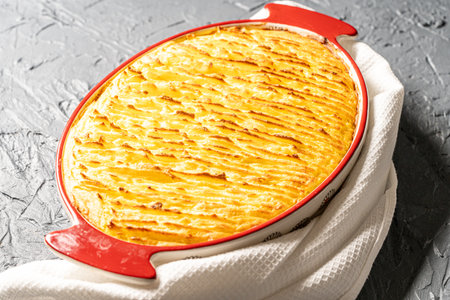 Potato casserole in a porcelain, red baking dish with a white towel on a gray background. Close-up. High quality photoの写真素材