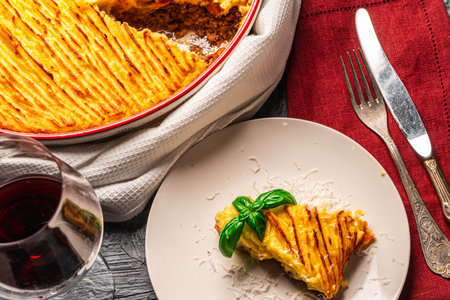 Mashed potato and minced meat casserole in a baking dish and a piece of casserole on a white plate...