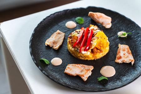 Slices of cooked turkey with potato tortilla and red bell peppers on a black plate with sauce. Beautiful presentation of dinner. High quality photoの写真素材