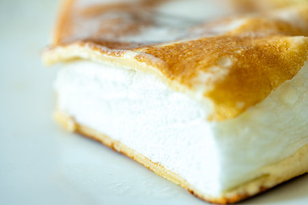 Slice of omelette poulard with pancakes on a light background. close-up High quality photoの写真素材