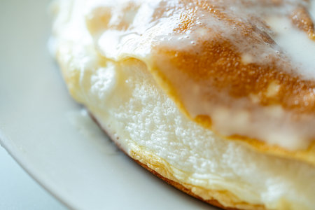 Slice of omelette poulard with pancakes on a light background. close-up High quality photoの写真素材