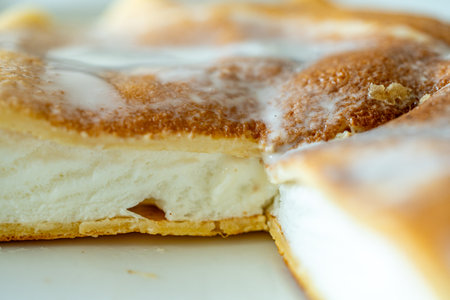 Slice of omelette poulard with pancakes on a light background. close-up High quality photoの写真素材