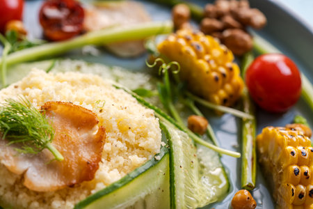 Couscous with chicken pieces, cucumbers, asparagus and corn, tomatoes and walnuts on a blue plate on a light background. Close-up. High quality photoの写真素材