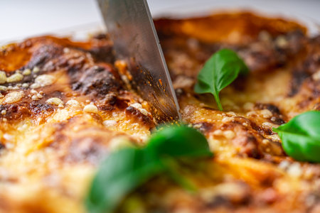 Lasagna in a baking dish according to a traditional Italian recipe is cut with a knife. Close-up. High quality photoの写真素材