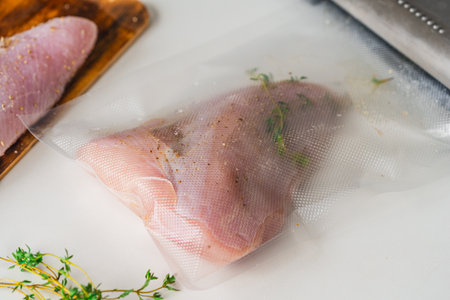The process of vacuuming raw turkey meat with thyme on a light background. High quality photoの写真素材