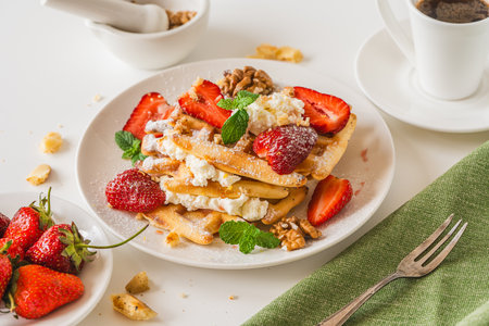 Belgian waffles with cottage cheese cream, strawberries, walnuts and mint on a white plate on a light table with a cup of coffee. Delicious, Sunday breakfast. High quality photoの写真素材