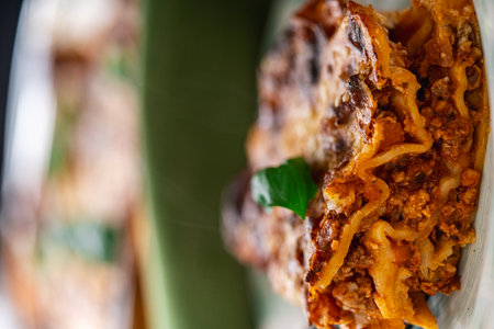 A piece of lasagna according to a traditional Italian recipe on a plate on a light background and in a baking dish. Close-up. High quality photoの写真素材