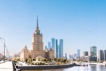 Moscow, Russia, May 15, 2025: Hotel against the backdrop of Moscow City and the river. Tourist place. Panorama of Moscow. High quality photoの写真素材