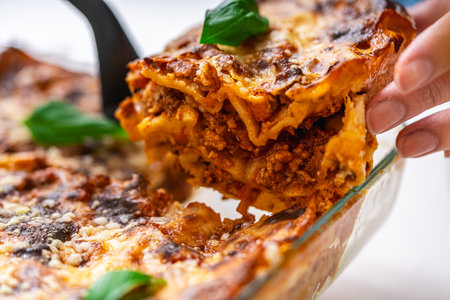 A piece of lasagna is laid out of the mold on a plate. Close-up. A traditional Italian dish. High quality photoの写真素材