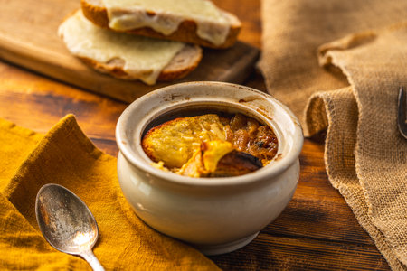 Onion soup in a pot according to a traditional French recipe with a cheese crust, on a wooden background with toasted bread and cheese. High quality photoの写真素材
