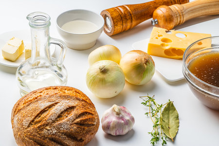 Ingredients for making French onion soup. On the white table there are onions, garlic, broth, cheese, butter, mills with pepper and salt. High quality photoの写真素材