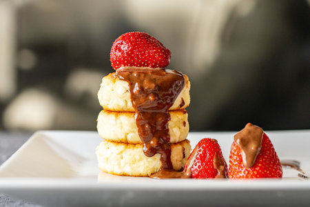 Cottage cheese pancakes or cheesecakes with strawberries and chocolate on a white plate. The concept of a delicious and healthy breakfast. Restaurant serving of the dish. Close-up. High quality photoの写真素材