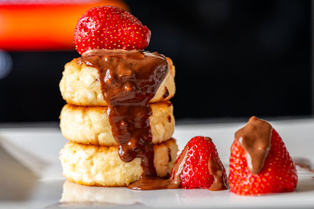 Cottage cheese pancakes or cheesecakes with strawberries and chocolate on a white plate. The concept of a delicious and healthy breakfast. Restaurant serving of the dish. Close-up. High quality photoの写真素材