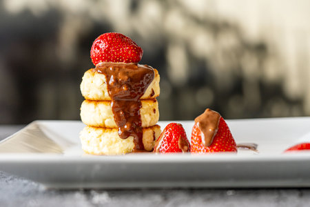 Cottage cheese pancakes or cheesecakes with strawberries and chocolate on a white plate. The concept of a delicious and healthy breakfast. Restaurant serving of the dish. Close-up. High quality photoの写真素材
