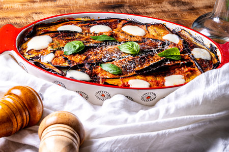 Italian eggplant Melanzane alla parmigiana close up in baking dish on the table. . High quality photoの写真素材