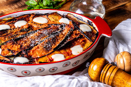 Italian cuisine: delicious macro Melanzane alla parmigiana in a baking dish. Background for using the menu. High quality photoの写真素材