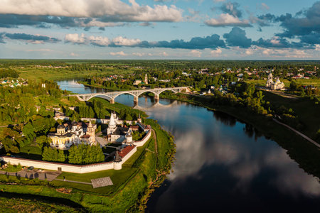 Aerial view of Assumption (Uspensky) Monastery on sunny summer day. Staritsa, Tver Oblast, Russia....