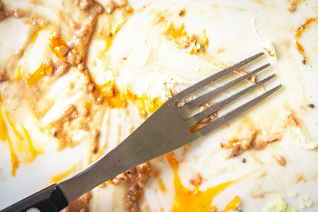 Fork on a dirty white plate with leftovers. High quality photoの写真素材