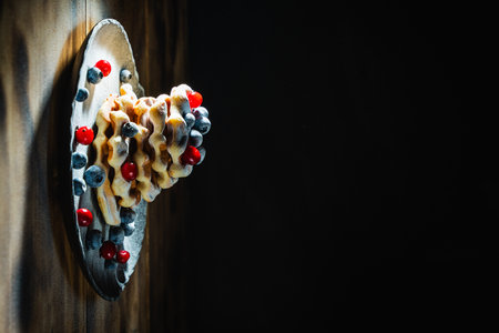 Belgian waffles with blueberries and cranberries sprinkled with powdered sugar on a black background on a wooden table. Space for text. High quality photoの写真素材